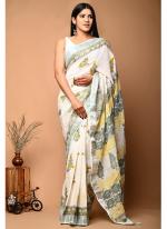 Cotton  White Daily Wear Printed Saree